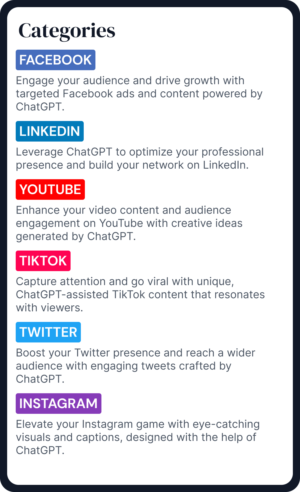 ChatGPT Tactics for Social Media Marketing Categories